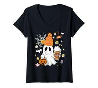 Mujer Autumn Men Women Cute Ghost Drinking Coffee Spooky Halloween Camiseta Cuello V