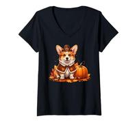 Mujer Autumn Pumpkin Fall Season Cute Corgi Thanksgiving Dog Camiseta Cuello V