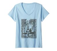 Mujer Avenida de París a la Torre Eiffel en Francia Woodblock Francés Camiseta Cuello V