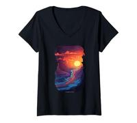Mujer Aventura al Atardecer del Gran Cañón con río Camiseta Cuello V