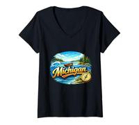 Mujer Aventura Costera de los Grandes Lagos en Michigan Camiseta Cuello V