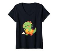 Mujer Aventura de Dinosaurio arcoíris. Lindo Dinosaurio Kawaii Camiseta Cuello V