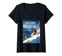 Mujer Aventura de esquí de Invierno en el Lago Tahoe Camiseta Cuello V
