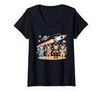 Mujer AVENTURA ESPACIAL DE COHETES GATOS ASTRONAUTA Camiseta Cuello V