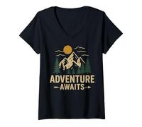 Mujer Aventura Espera Retro Montaña Pinar Bosque Camiseta Cuello V
