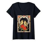Mujer Aves cariñosas y Rosas Rojas ilustración Art Nouveau Camiseta Cuello V