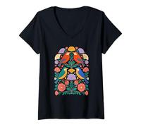 Mujer Aves Folk Art Simetría Floral Patrón Naturaleza Escandinava Camiseta Cuello V