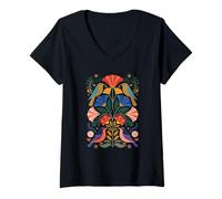 Mujer Aves Folk Art Simetría Floral Patrón Naturaleza Escandinava Camiseta Cuello V
