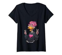 Mujer Avestruz pájaro niña Doble señal de Paz Kawaii Pop gráfico Afilado Camiseta Cuello V