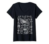 Mujer Aviación Piloto Avión Wright Brothers Aviación Patente Camiseta Cuello V