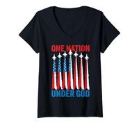 Mujer Avión de Combate Masculino con Bandera Estadounidense One Nation Under God del 4 de Julio Camiseta Cuello V