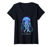 Mujer Awesome Cute Underwater Fish Sea Just Go with Flow Jellyfish Camiseta Cuello V