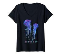 Mujer Awesome Cute Underwater Fish Sea Just Go with Flow Jellyfish Camiseta Cuello V
