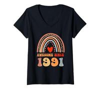Mujer Awesome Since 1991 35th Birthday Boho Rainbow 35 Years Old Camiseta Cuello V