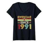 Mujer Awesome Since 1991 Classic Year Birth of Birthday Vintage Camiseta Cuello V