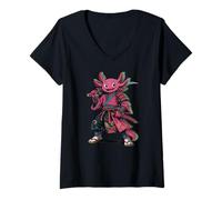 Mujer Axolotl Japonés Samurai Guerrero Japón Amante Animal Boy Girl Camiseta Cuello V