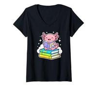 Mujer Axolotl Reading Books Fun Learning Cozy Bookworm Camiseta Cuello V
