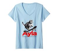 Mujer AYLA - Bonito nombre de chica con gato y monopatín Camiseta Cuello V