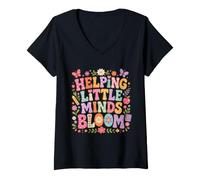 Mujer Ayudando a Little Minds Bloom Teacher Floral Mariposa Manzana Camiseta Cuello V