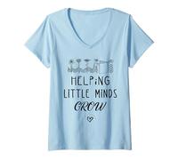 Mujer Ayudando a Little Minds Grow Flower Maestra de Escuela Primaria Camiseta Cuello V