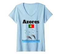 Mujer Azores Souvenir Delfín Amante delfín Viendo Bandera de Portugal Camiseta Cuello V