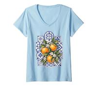 Mujer Azulejo Portugués Naranjas Lisboa Mediterráneo Costa Camiseta Cuello V