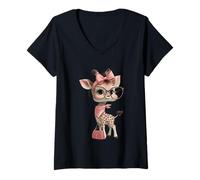 Mujer Baby Giraffe Kawaii Personaje Safari Animal Pastel Gráfico Camiseta Cuello V