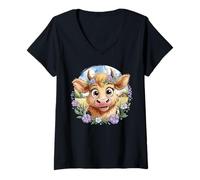 Mujer Baby Highland Cow with Purple Flowers Scottish Farm Camiseta Cuello V