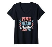 Mujer Baby Shower rosa o azul Auntie Loves You Camiseta Cuello V