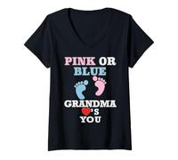 Mujer Baby Shower rosa o azul para revelar el género de la abuela te ama Camiseta Cuello V