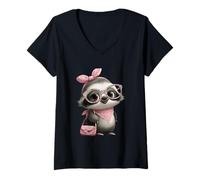 Mujer Baby Sloth Kawaii Jungle Pink Leopard Gafas Retrato Look Camiseta Cuello V