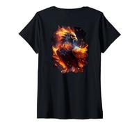Mujer Backprint El majestuoso esplendor del fénix de resurrección. Camiseta Cuello V