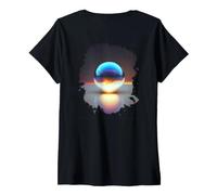 Mujer Backprint Perla en la Arena y Supernova en una Esfera Camiseta Cuello V