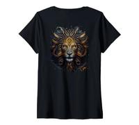 Mujer Backprint Poder majestuoso del león de fantasía. Camiseta Cuello V