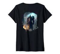 Mujer Backprint Poderoso Caballero en Armadura con Espada de Fuego Camiseta Cuello V