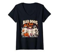 Mujer Bad Boos Club, Divertido, Fantasma, Amigos, Retro, Halloween Camiseta Cuello V