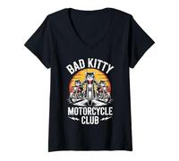 Mujer Bad Kitty Motorcycle Club Sarcástico Gatito y Motobike Camiseta Cuello V