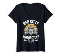 Mujer Bad Kitty Motorcycle Club Sarcástico Gatito y Motocicleta Camiseta Cuello V