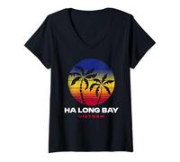 Mujer Bahía de Ha Long, Playa de Vietnam, Estilo Retro de los 80 Camiseta Cuello V