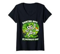 Mujer Bailando con el Esqueleto de un Duende irlandés del Día de San Patricio Camiseta Cuello V