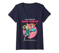 Mujer Bailando Swing La Vida es Mejor Baile de Sock-Hop Lindy Hop de los años 50 Camiseta Cuello V, Azul Marino, XL