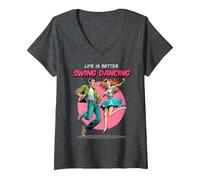 Mujer Bailando Swing La Vida es Mejor Baile de Sock-Hop Lindy Hop de los años 50 Camiseta Cuello V, Jaspeado Oscuro, L