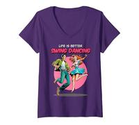 Mujer Bailando Swing La Vida es Mejor Baile de Sock-Hop Lindy Hop de los años 50 Camiseta Cuello V, Morado, XXL