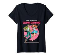 Mujer Bailando Swing La Vida es Mejor Baile de Sock-Hop Lindy Hop de los años 50 Camiseta Cuello V, Negro, L