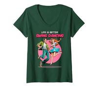 Mujer Bailando Swing La Vida es Mejor Baile de Sock-Hop Lindy Hop de los años 50 Camiseta Cuello V, Verde Bosque, S