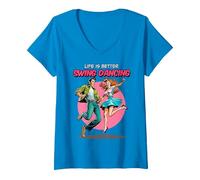 Mujer Bailando Swing La Vida es Mejor Baile de Sock-Hop Lindy Hop de los años 50 Camiseta Cuello V, Zafiro, XXL