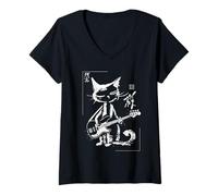 Mujer Bajo caligráfico Vintage Gato músico japonés Camiseta Cuello V