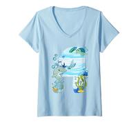 Mujer Bajo El Agua 4 Años - Delfín Y Tortuga 4º Cumpleaños Camiseta Cuello V