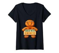 Mujer Baked with Kindness Lindo diseño navideño de Pan de Jengibre Camiseta Cuello V