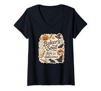 Mujer Baker's Soul Life Is Delicious Kid, panadería a juego para Halloween Camiseta Cuello V